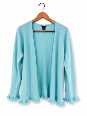 Doncaster Aqua Open-Front Ruffle-Hem Cardigan
